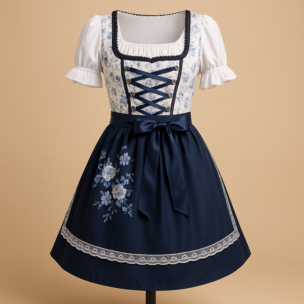 Oktoberfest dirndl dress for women in blue with lace accents and apron, perfect for traditional celebrations and festive occasions.