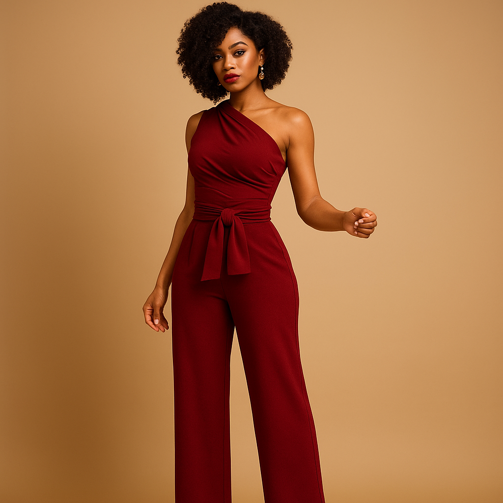 Elegant one-shoulder jumpsuit for women with wide legs in red and black, perfect for summer events, cocktail parties, and elegant dinners.
