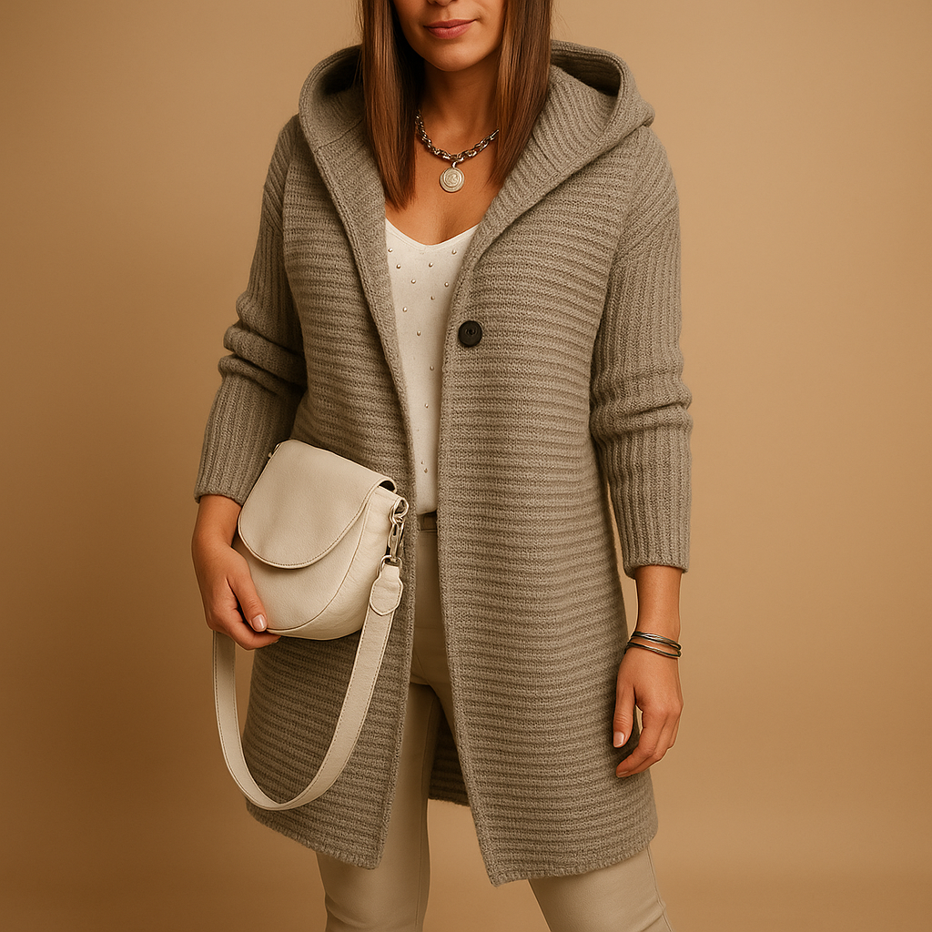 Women’s open knit cardigan with relaxed fit, soft breathable fabric, and minimalist design. Perfect for autumn, winter layering, or cozy at home.