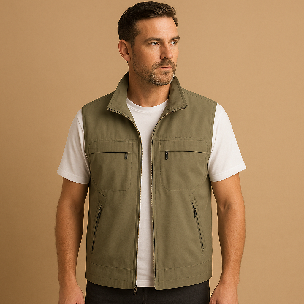 Men’s lightweight outdoor cardigan with breathable mesh fabric, short sleeves, and multiple pockets, perfect for hiking, fishing, or camping.