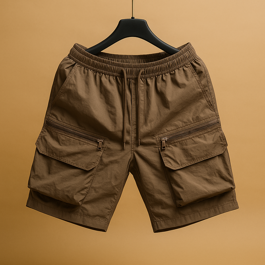 Men wearing Ryan oversized cargo shorts with multiple functional pockets, quick-dry lightweight design perfect for outdoor and summer wear.