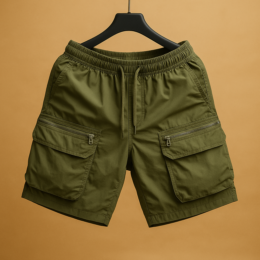 Men wearing Ryan oversized cargo shorts with multiple functional pockets, quick-dry lightweight design perfect for outdoor and summer wear.