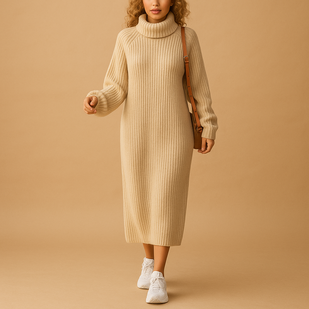 Women’s oversized knitted sweater dress with long sleeves and loose fit, perfect for autumn walks, cozy days, and winter comfort.