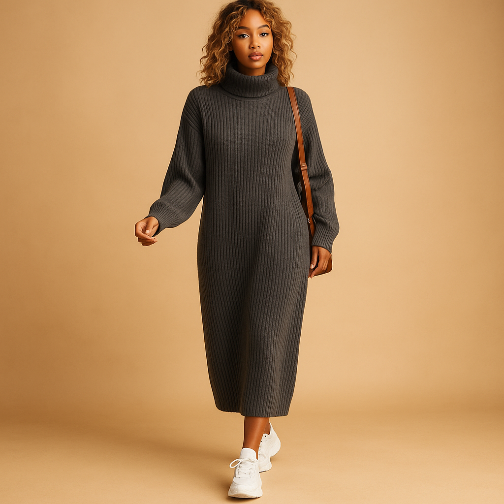 Women’s oversized knitted sweater dress with long sleeves and loose fit, perfect for autumn walks, cozy days, and winter comfort.