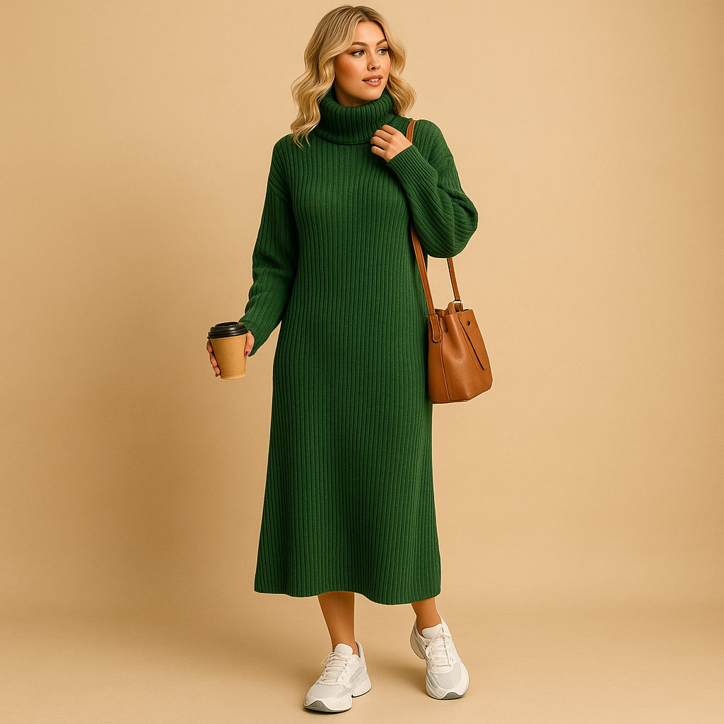 Women’s oversized knitted sweater dress with long sleeves and loose fit, perfect for autumn walks, cozy days, and winter comfort.