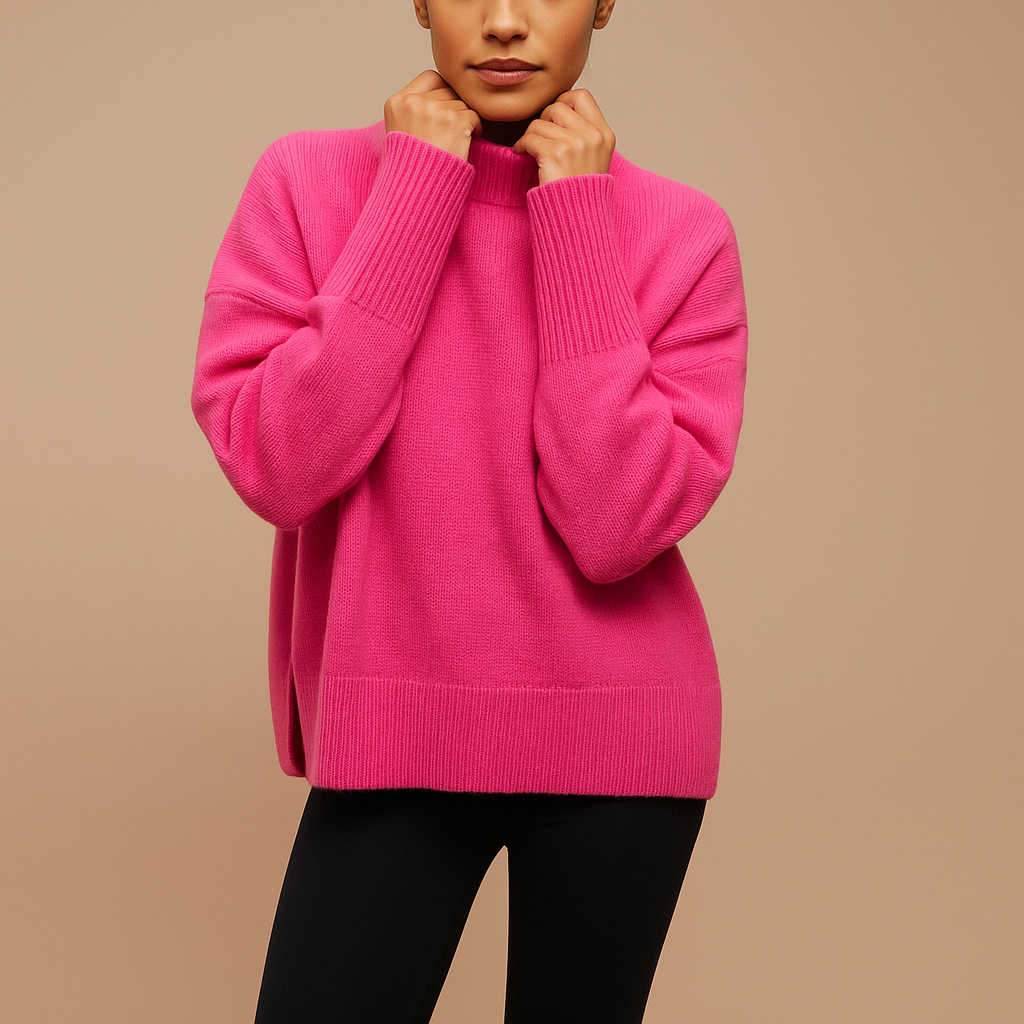 Women’s oversized turtleneck sweater with relaxed fit and flattering silhouette, available in multiple colors. Ideal for casual, lounge, or seasonal outfits.