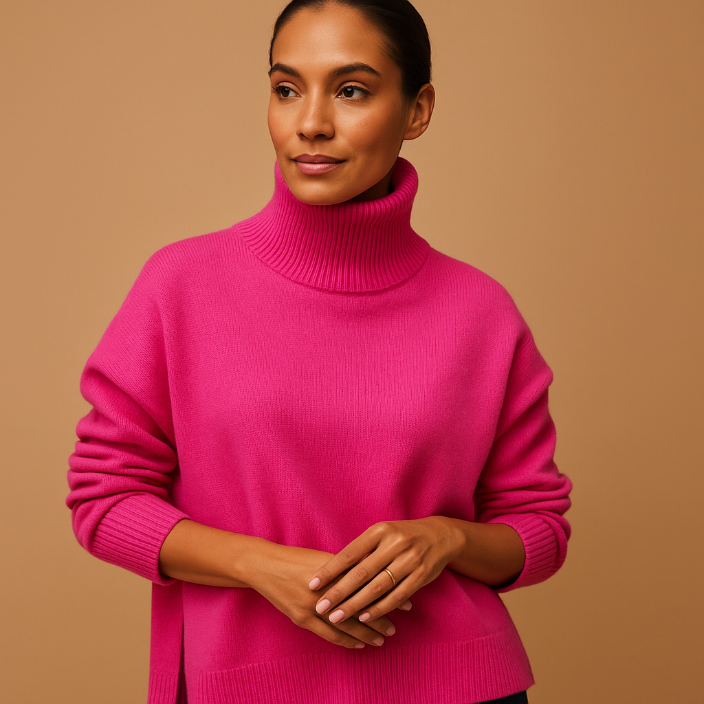 Women’s oversized turtleneck sweater with relaxed fit and flattering silhouette, available in multiple colors. Ideal for casual, lounge, or seasonal outfits.