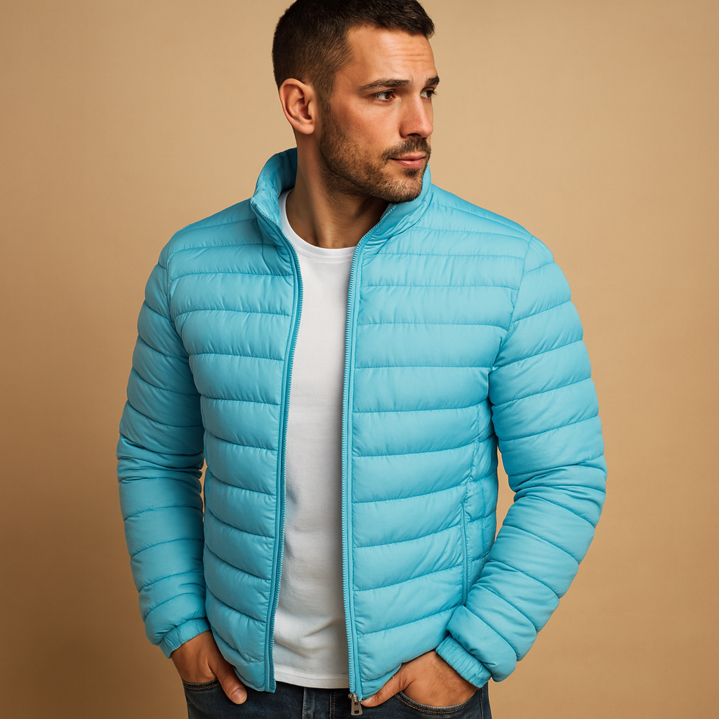 Men’s puffer jacket with hood featuring a classic design and excellent insulation, perfect for cold winter days and outdoor activities.
