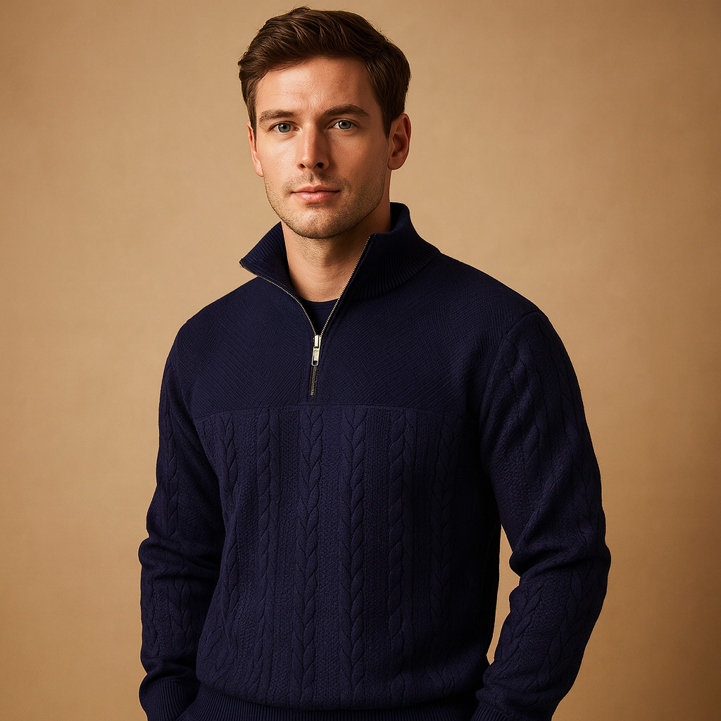 Men’s quarter zip pullover with subtle woven pattern in beige, gray, blue, black, and white, perfect for casual or semi-formal wear in autumn and winter.