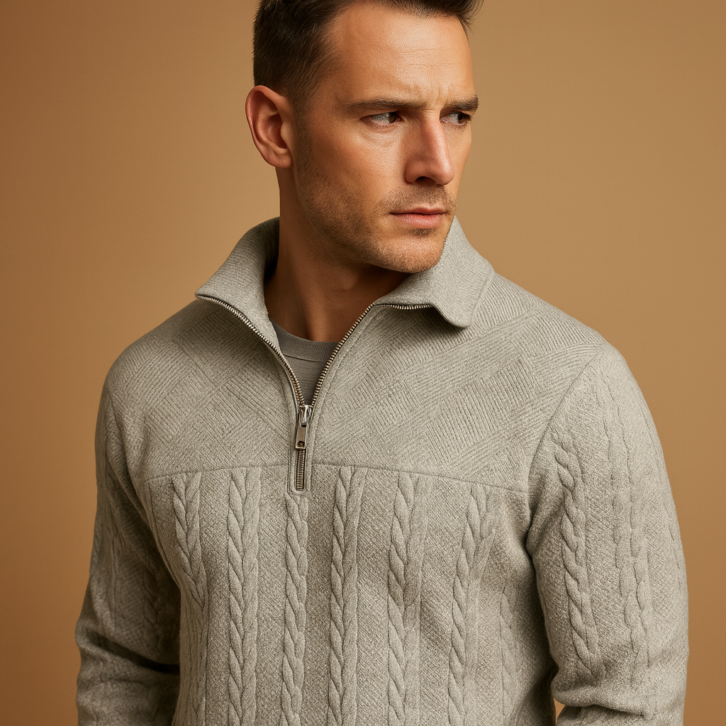 Men’s quarter zip pullover with subtle woven pattern in beige, gray, blue, black, and white, perfect for casual or semi-formal wear in autumn and winter.