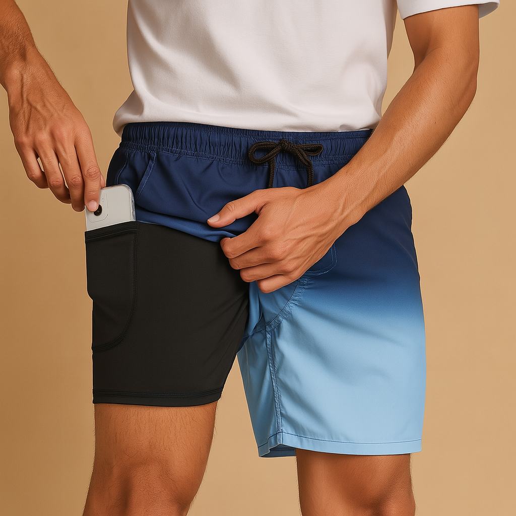 Men wearing quick-dry swim shorts Noah, breathable and lightweight design, ideal for swimming, beach days, and summer vacations.
