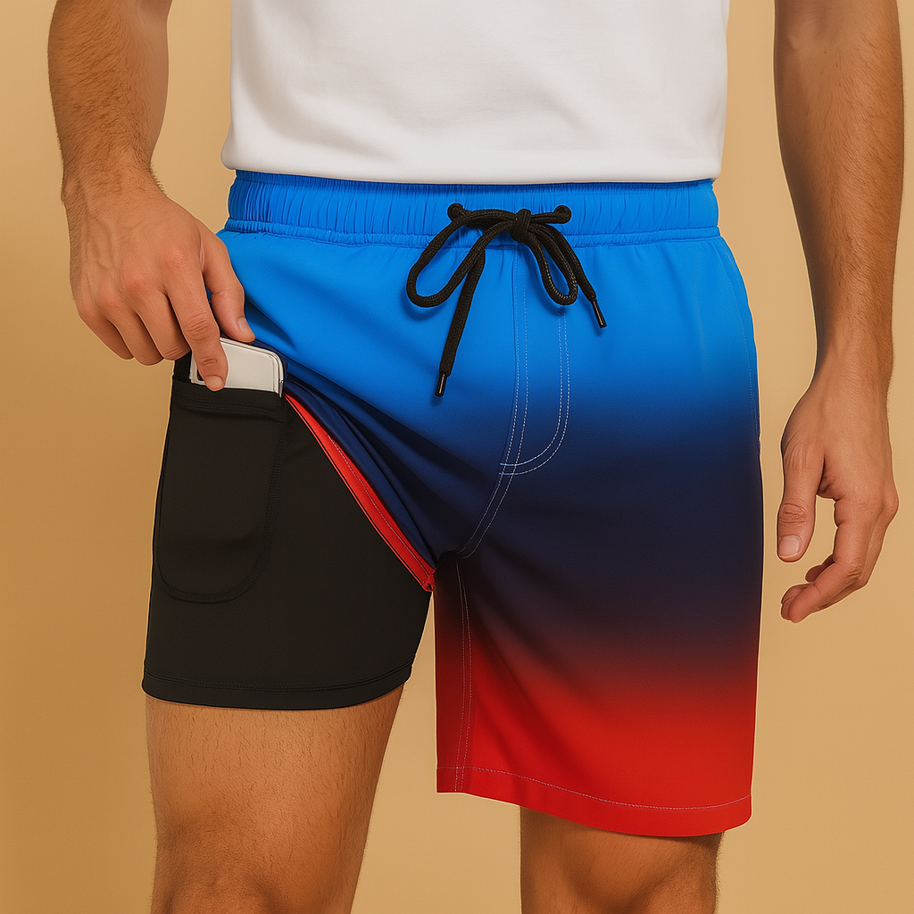 Men wearing quick-dry swim shorts Noah, breathable and lightweight design, ideal for swimming, beach days, and summer vacations.