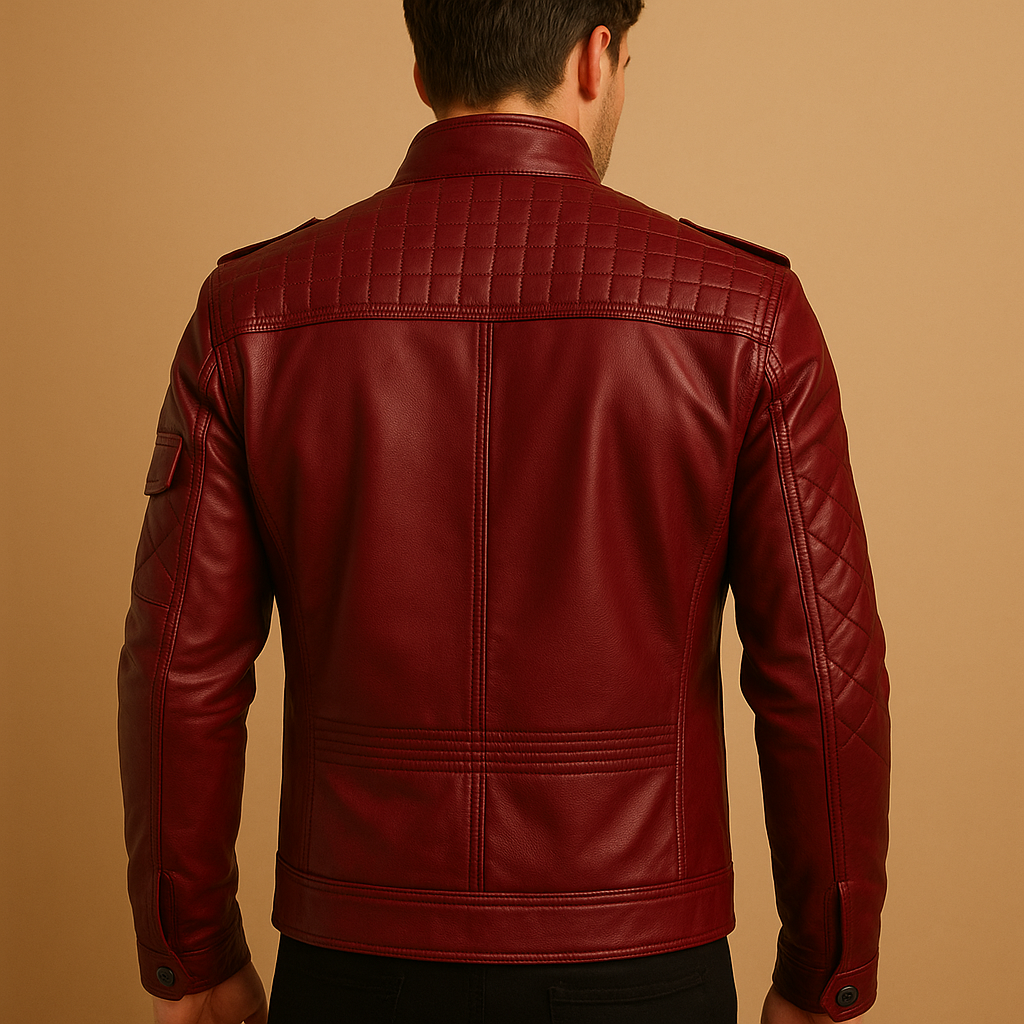 Men’s quilted leather jacket with stand-up collar and zip pockets, offering timeless style for casual and formal occasions.