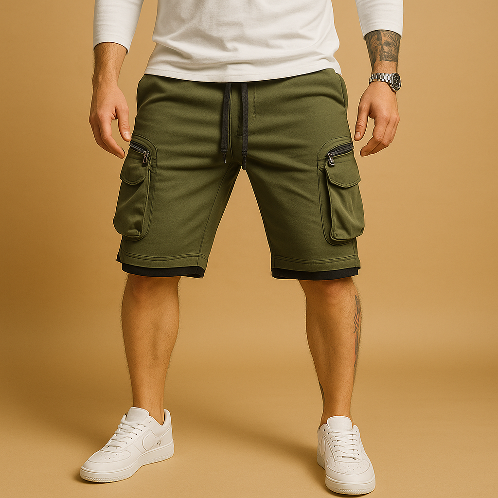 Men’s relaxed-fit cargo shorts with adjustable waist and multiple pockets, made from breathable fabric for casual summer comfort.