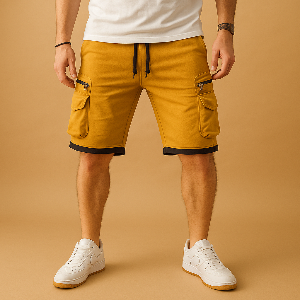 Men’s relaxed-fit cargo shorts with adjustable waist and multiple pockets, made from breathable fabric for casual summer comfort.