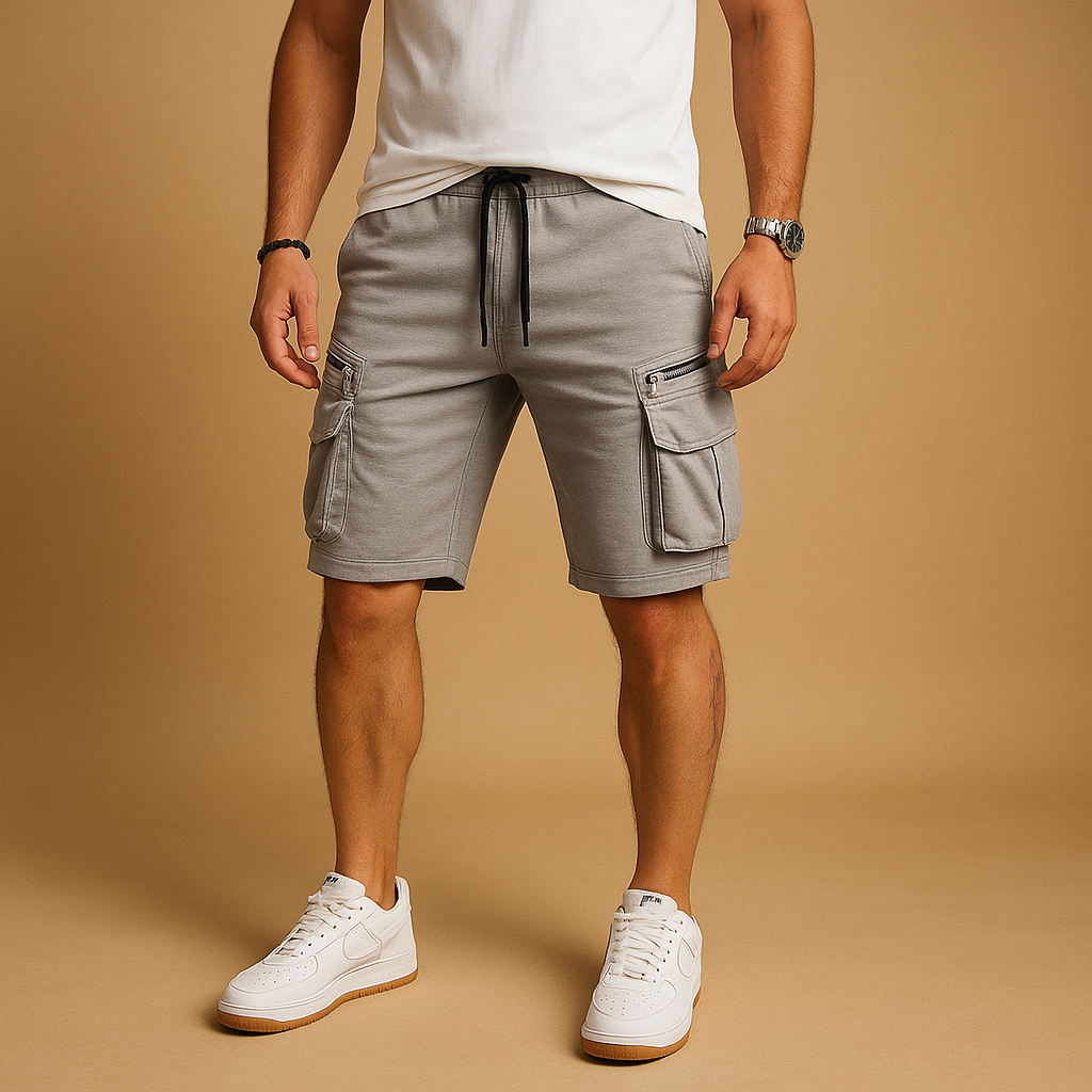 Men’s relaxed-fit cargo shorts with adjustable waist and multiple pockets, made from breathable fabric for casual summer comfort.