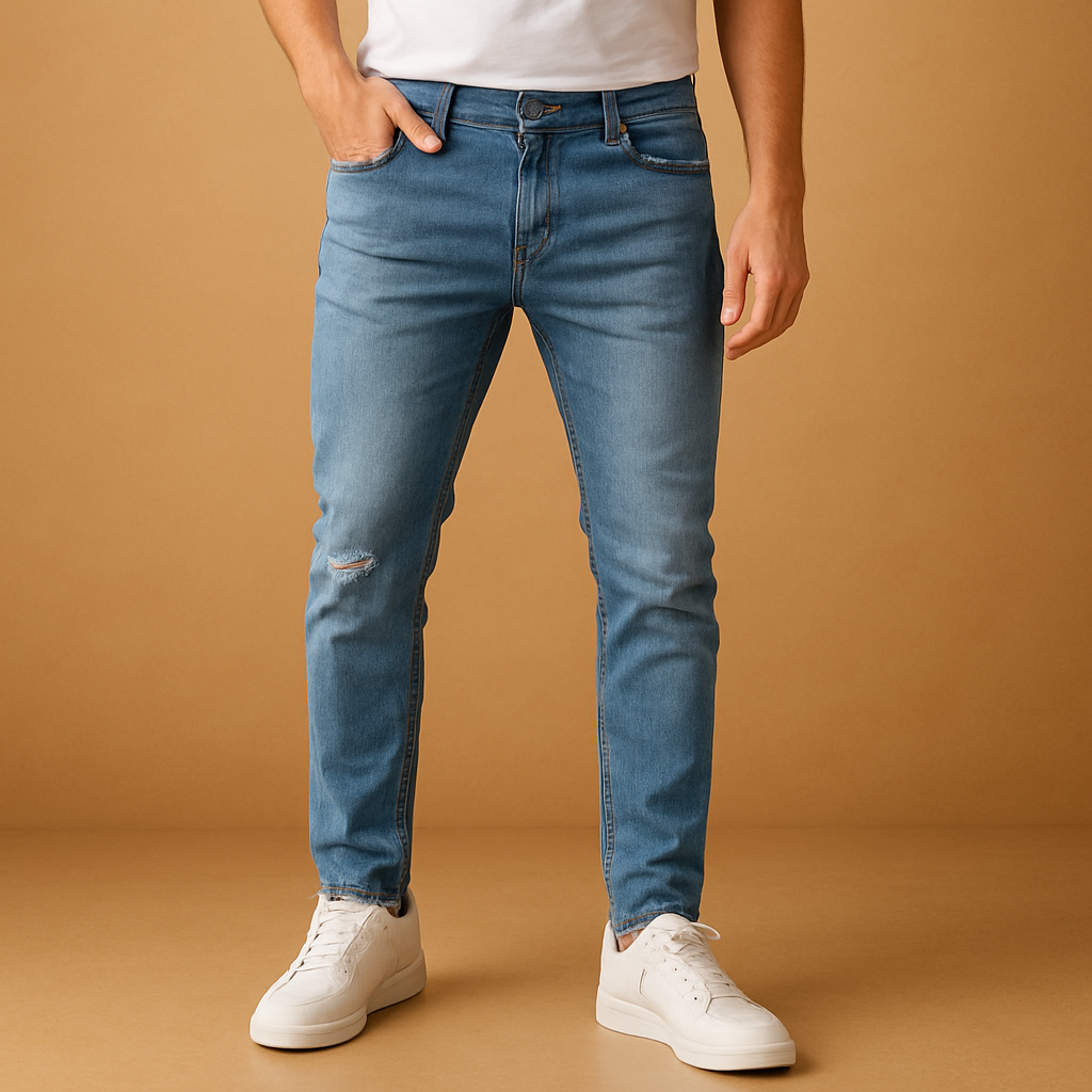 Men’s ripped slim-fit jeans made from durable stretch denim, featuring a modern urban look ideal for casual and streetwear outfits.