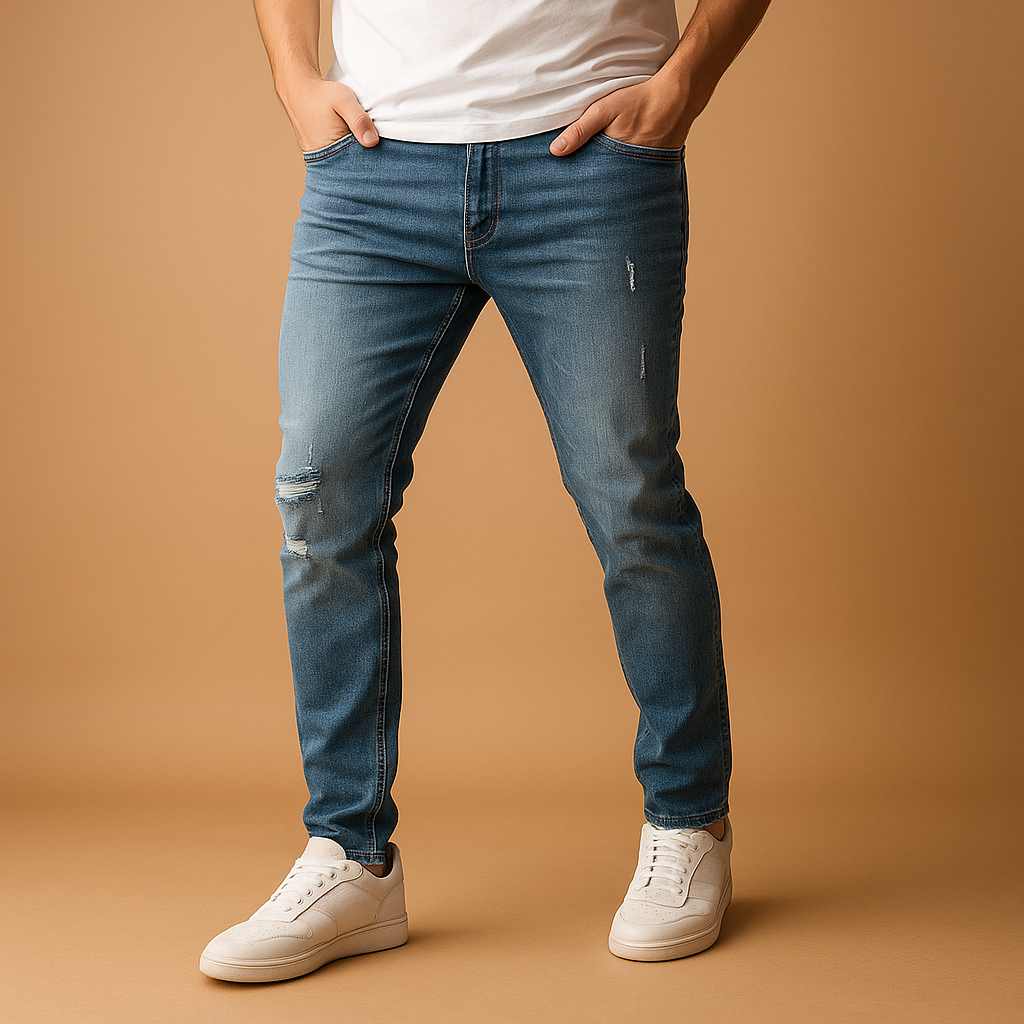 Men’s ripped slim-fit jeans made from durable stretch denim, featuring a modern urban look ideal for casual and streetwear outfits.
