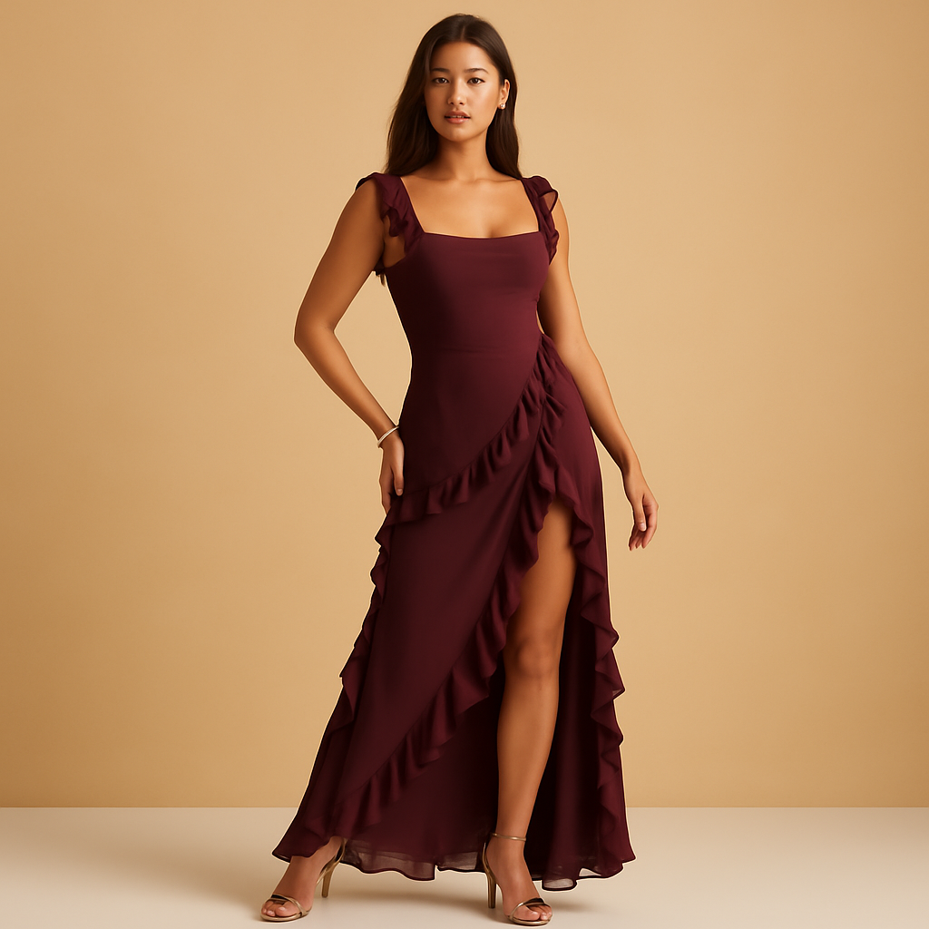Women’s ruffled maxi dress with asymmetrical design, high slit, and adjustable straps, perfect for formal and summer evening events.