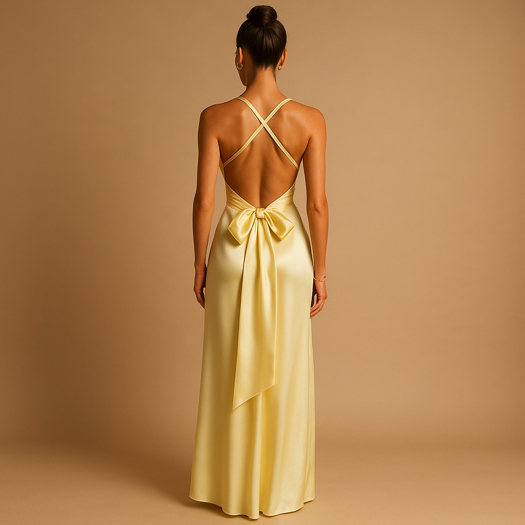 Women’s satin halter evening dress with twisted neckline and fitted bodice, perfect for weddings, parties, and formal occasions.