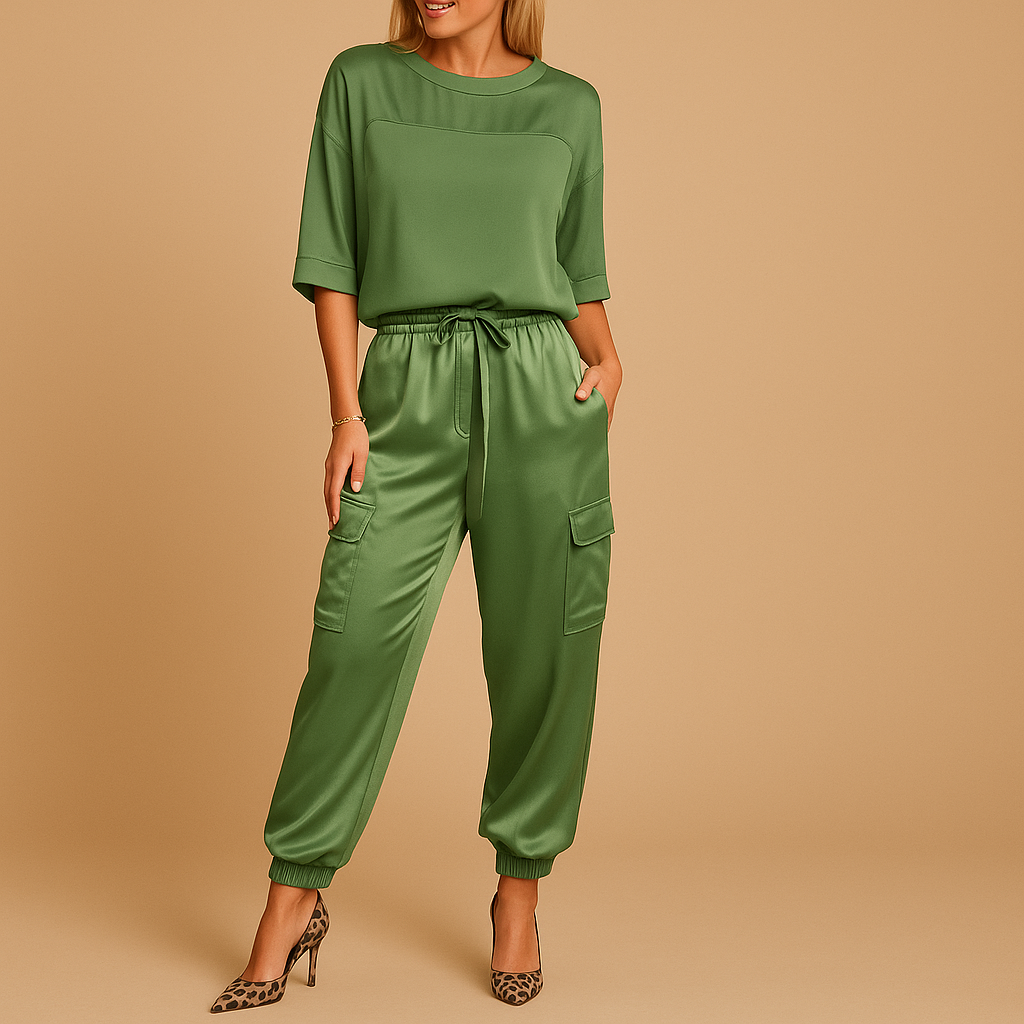 Satin two-piece set for women with half-sleeve top and straight-leg pants, ideal for elegant occasions or luxurious loungewear.