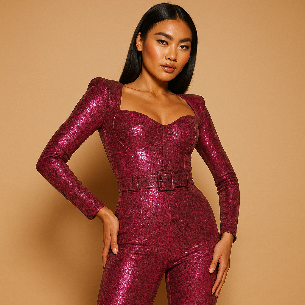 Elegant women’s shiny long-sleeve jumpsuit with deep neckline and slim fit, perfect for evening parties, galas, and special occasions.