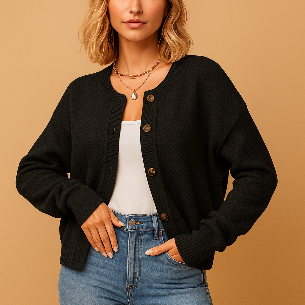 Short knitted women’s cardigan with decorative buttons and a compact fit, ideal for layering and everyday outfits.