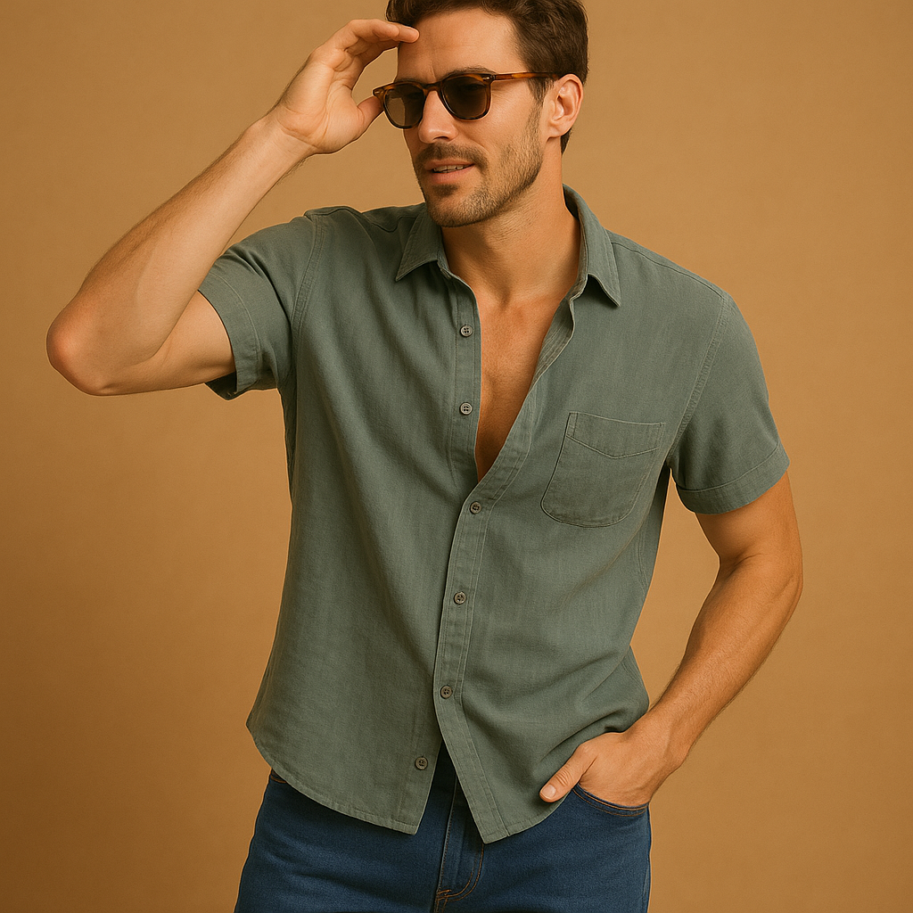 Men’s short sleeve summer shirt with a relaxed breathable fit, available in multiple colors, ideal for warm days, beach trips, or casual wear.
