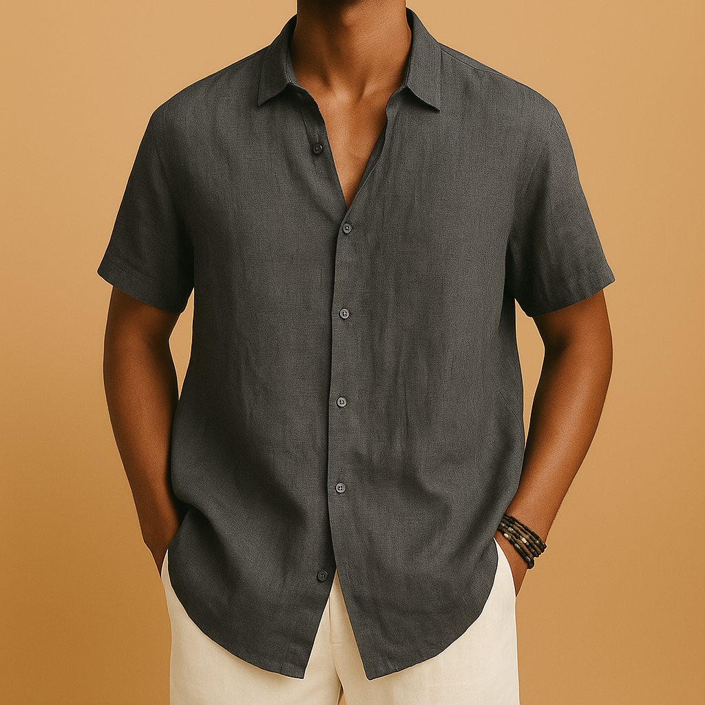 Men’s short sleeve summer shirt in a solid color with button details, perfect for holidays, beach walks, or casual city wear.