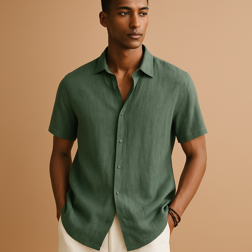 Men’s short sleeve summer shirt in a solid color with button details, perfect for holidays, beach walks, or casual city wear.