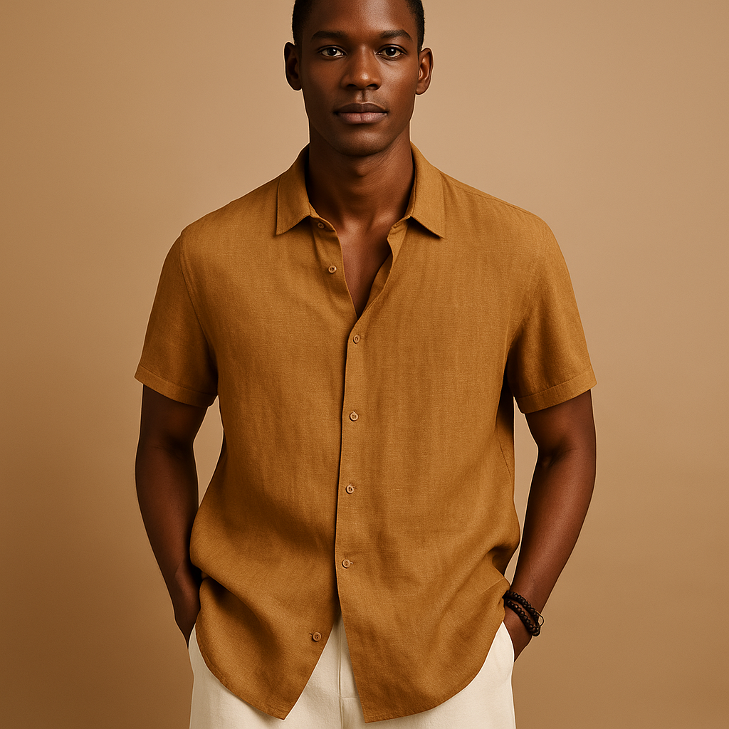 Men’s short sleeve summer shirt in a solid color with button details, perfect for holidays, beach walks, or casual city wear.