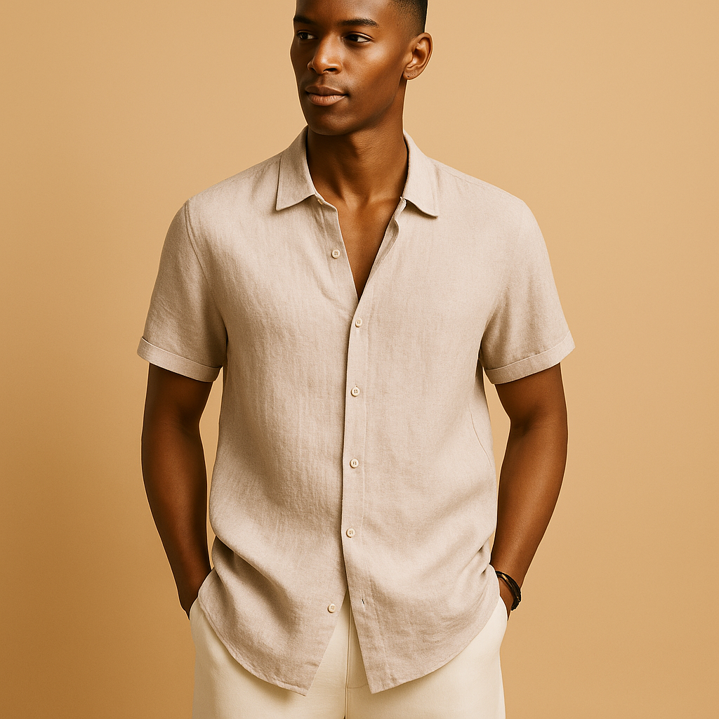 Men’s short sleeve summer shirt in a solid color with button details, perfect for holidays, beach walks, or casual city wear.