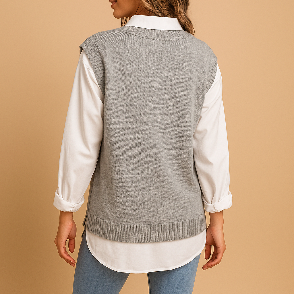 Sleeveless cable knit vest for women with slim fit and deep V-neckline, lightweight and elegant, perfect for layering in spring or autumn.