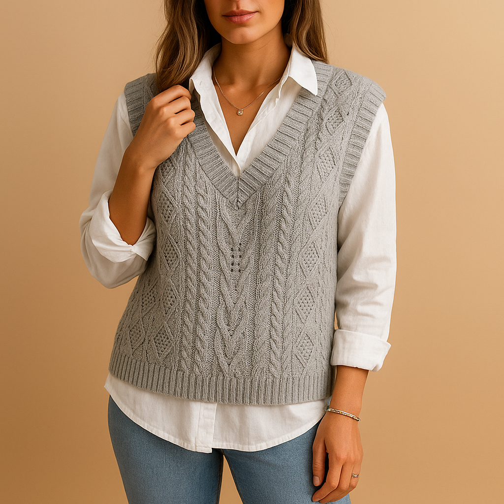 Sleeveless cable knit vest for women with slim fit and deep V-neckline, lightweight and elegant, perfect for layering in spring or autumn.