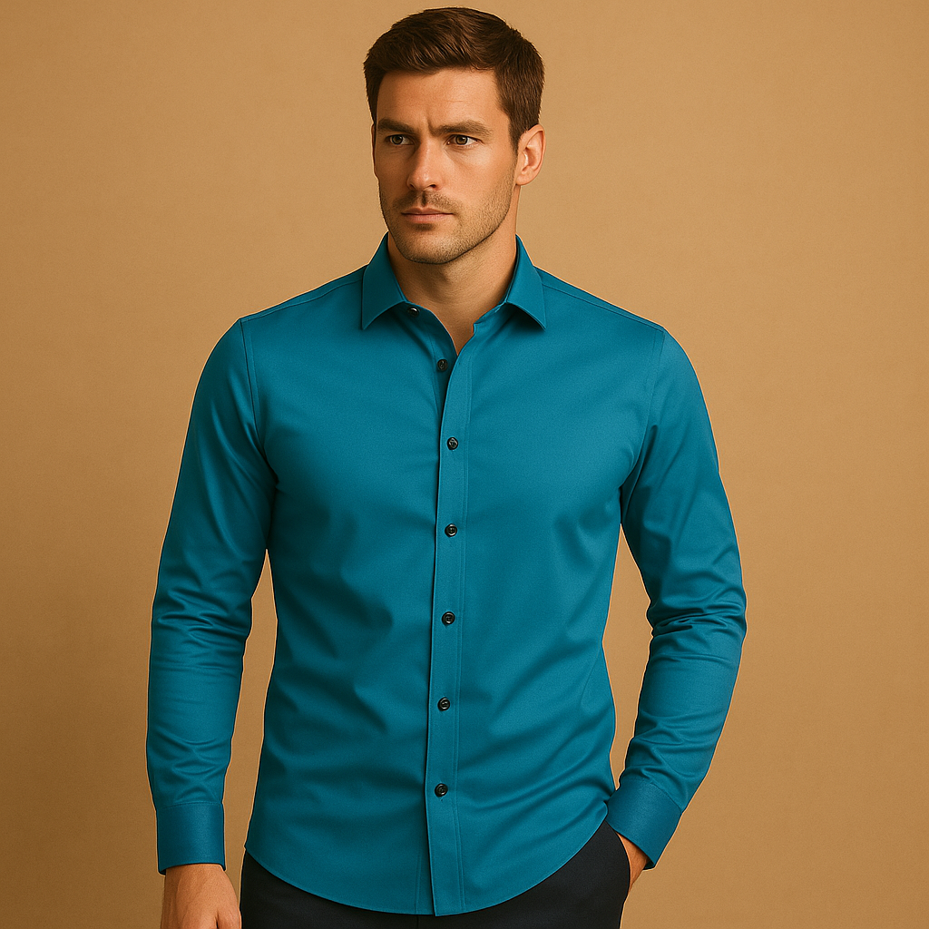 Slim fit stretch shirt for men with classic button-up design, breathable fabric, and tailored fit for both business and casual occasions.