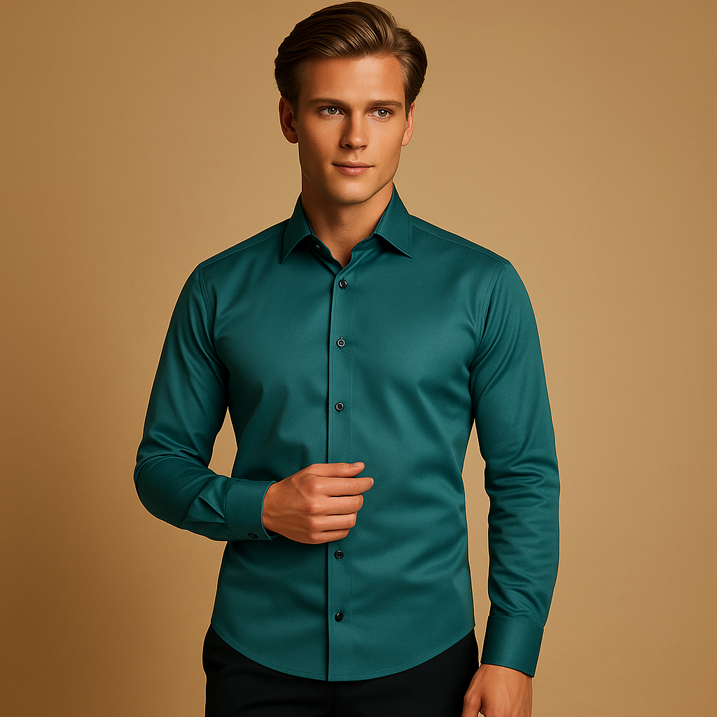Slim fit stretch shirt for men with classic button-up design, breathable fabric, and tailored fit for both business and casual occasions.