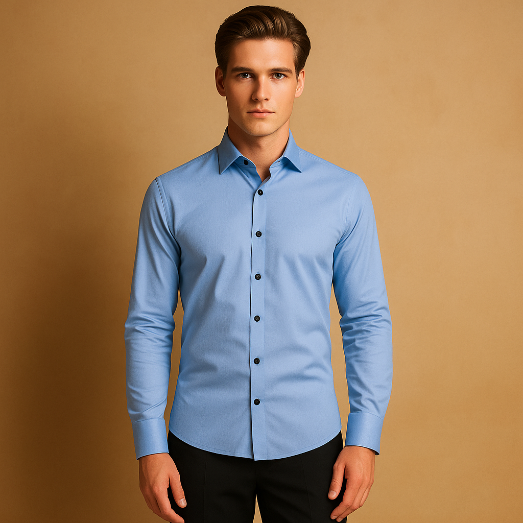 Slim fit stretch shirt for men with classic button-up design, breathable fabric, and tailored fit for both business and casual occasions.