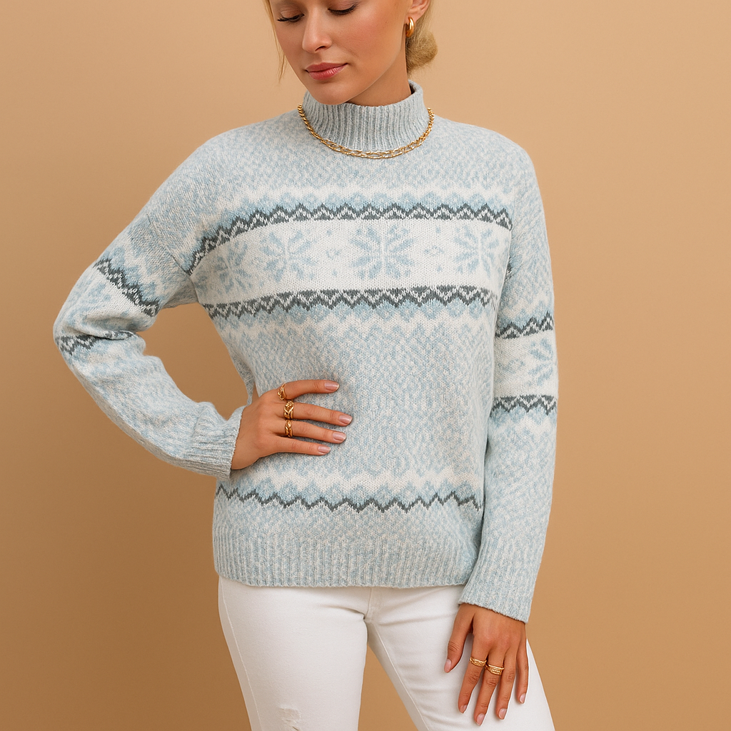 Women’s snowflake knit turtleneck sweater with soft wool-blend feel, ideal for holidays, winter outings, and everyday cold-weather wear.