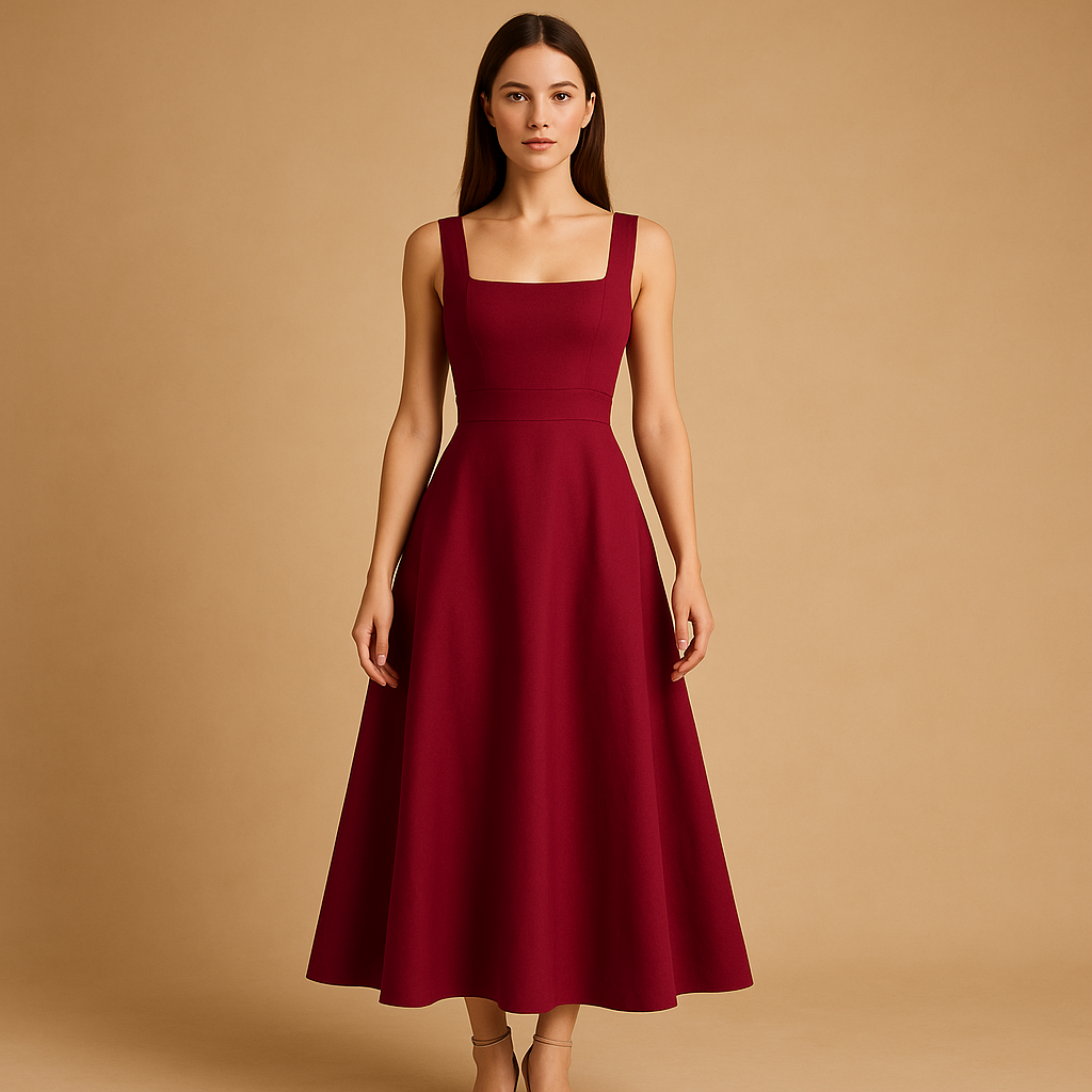 Square-neck midi dress for women with wide straps and elastic waistband, ideal for weddings, parties, and stylish everyday wear.