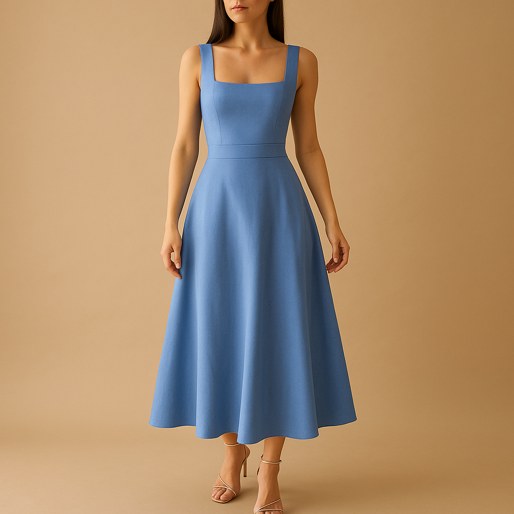 Square-neck midi dress for women with wide straps and elastic waistband, ideal for weddings, parties, and stylish everyday wear.