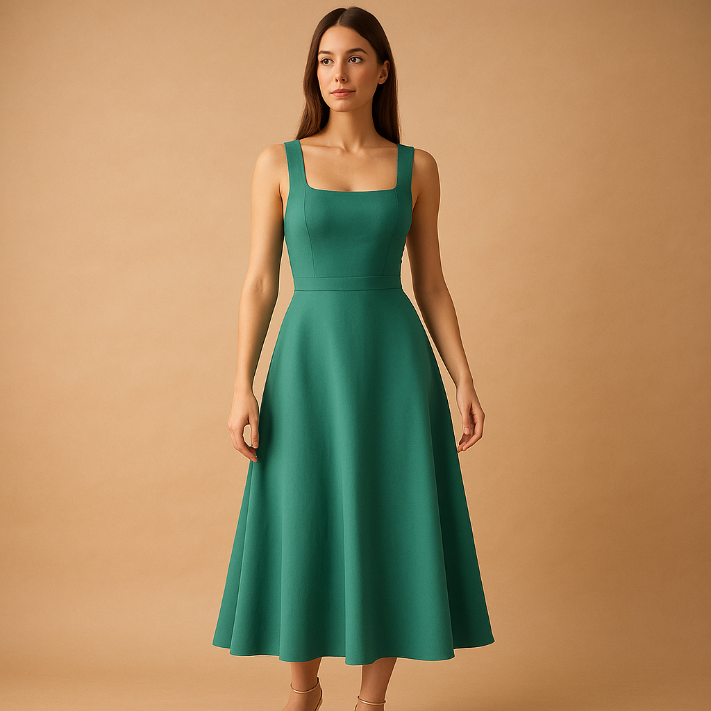 Square-neck midi dress for women with wide straps and elastic waistband, ideal for weddings, parties, and stylish everyday wear.