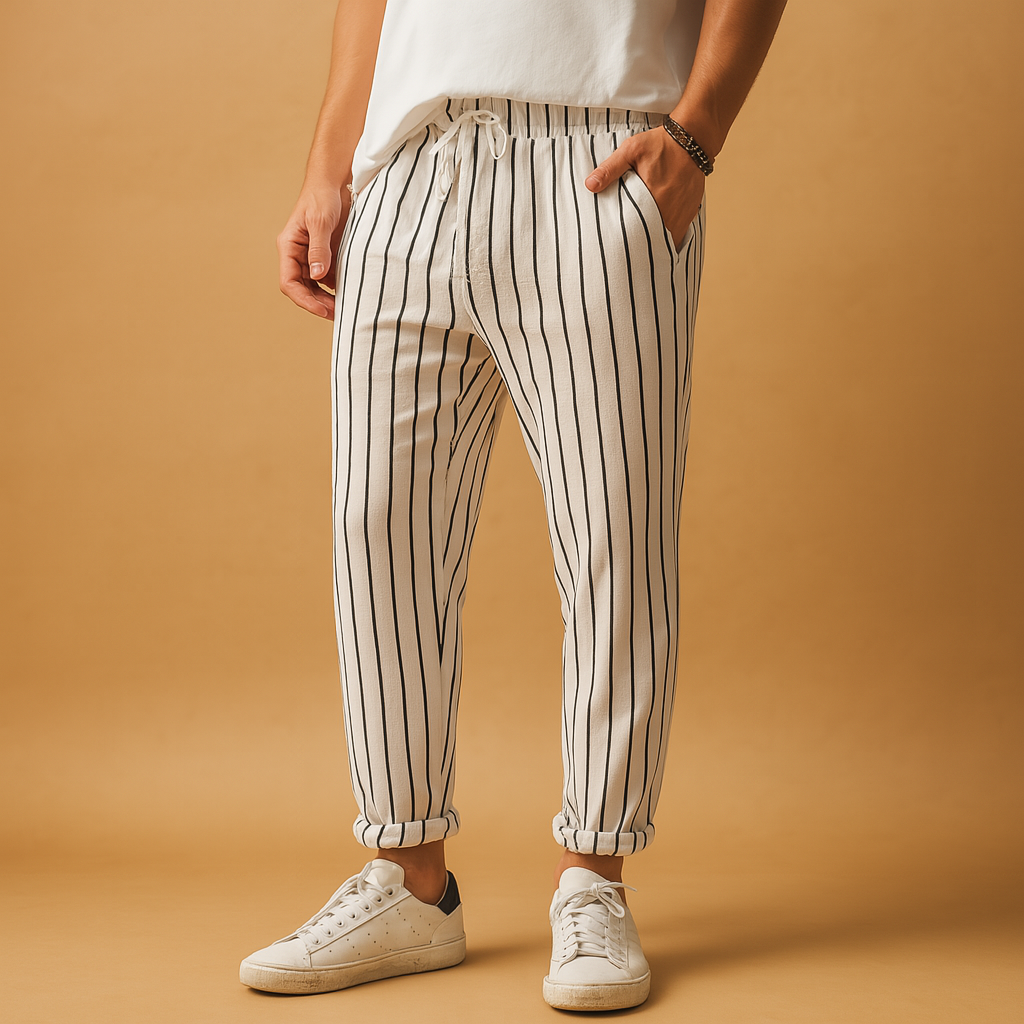 Men wearing Dylan striped casual pants with elastic waistband and vertical stripe design, ideal for casual, travel, and leisure wear.