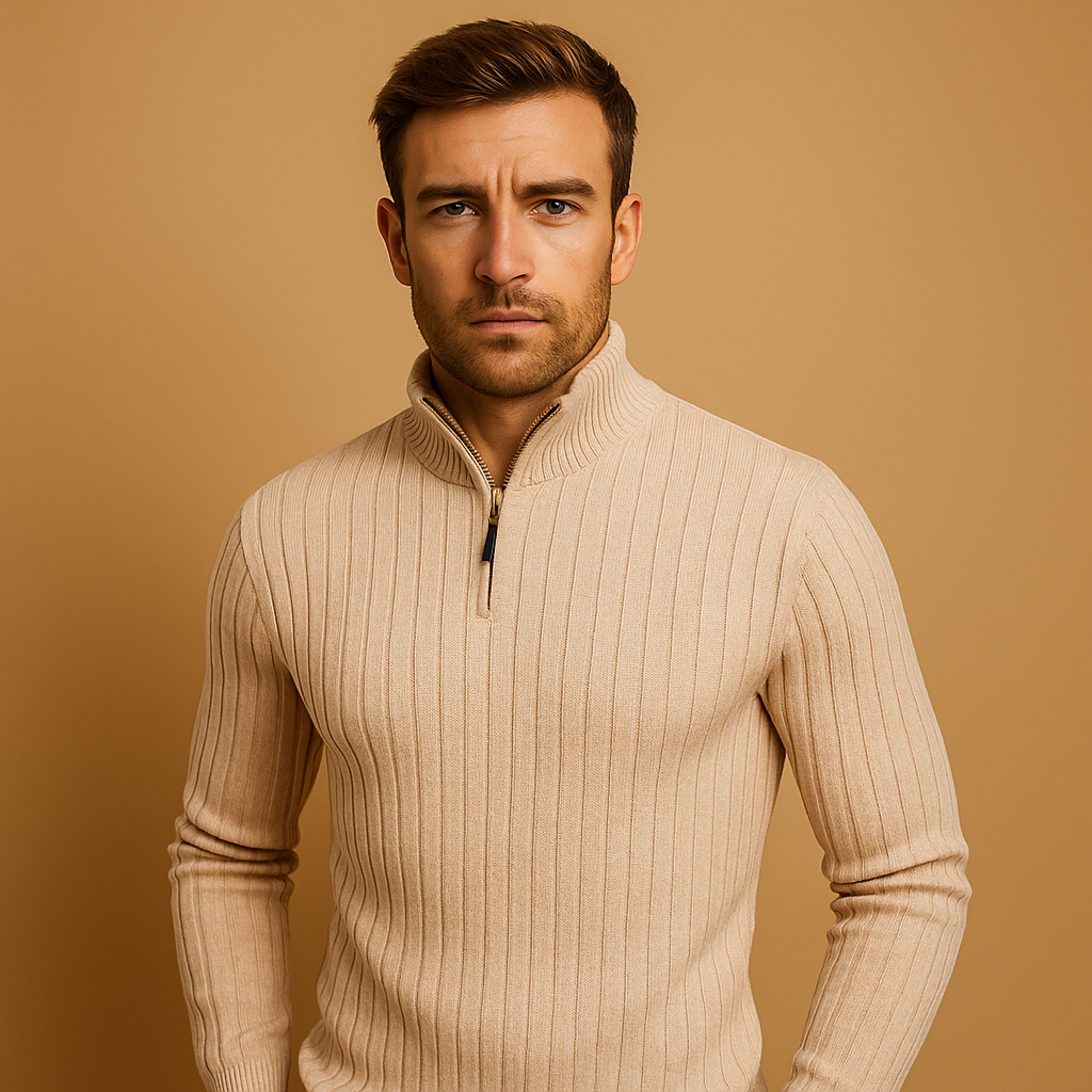 Men’s striped half zip sweater in gray with soft fabric and sporty design, perfect for casual or semi-formal wear in autumn and winter.