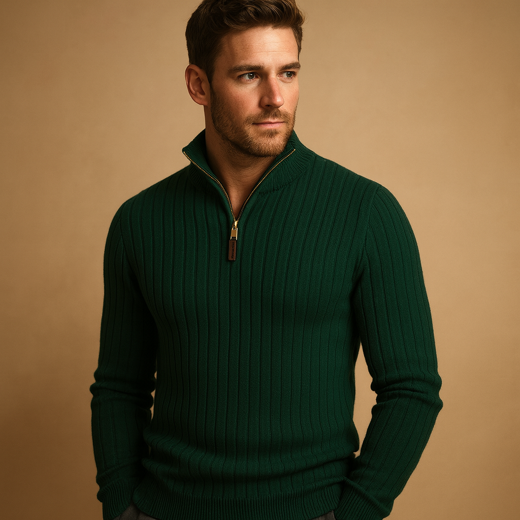 Men’s striped half zip sweater in gray with soft fabric and sporty design, perfect for casual or semi-formal wear in autumn and winter.