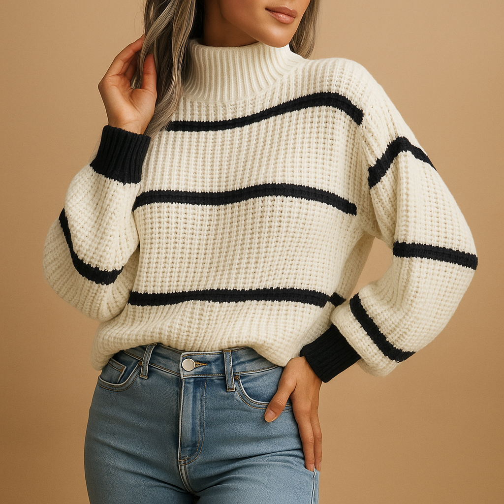 Women’s striped high-neck sweater in black and white with relaxed fit and ribbed edges. Perfect for casual wear or smart-casual outfits.