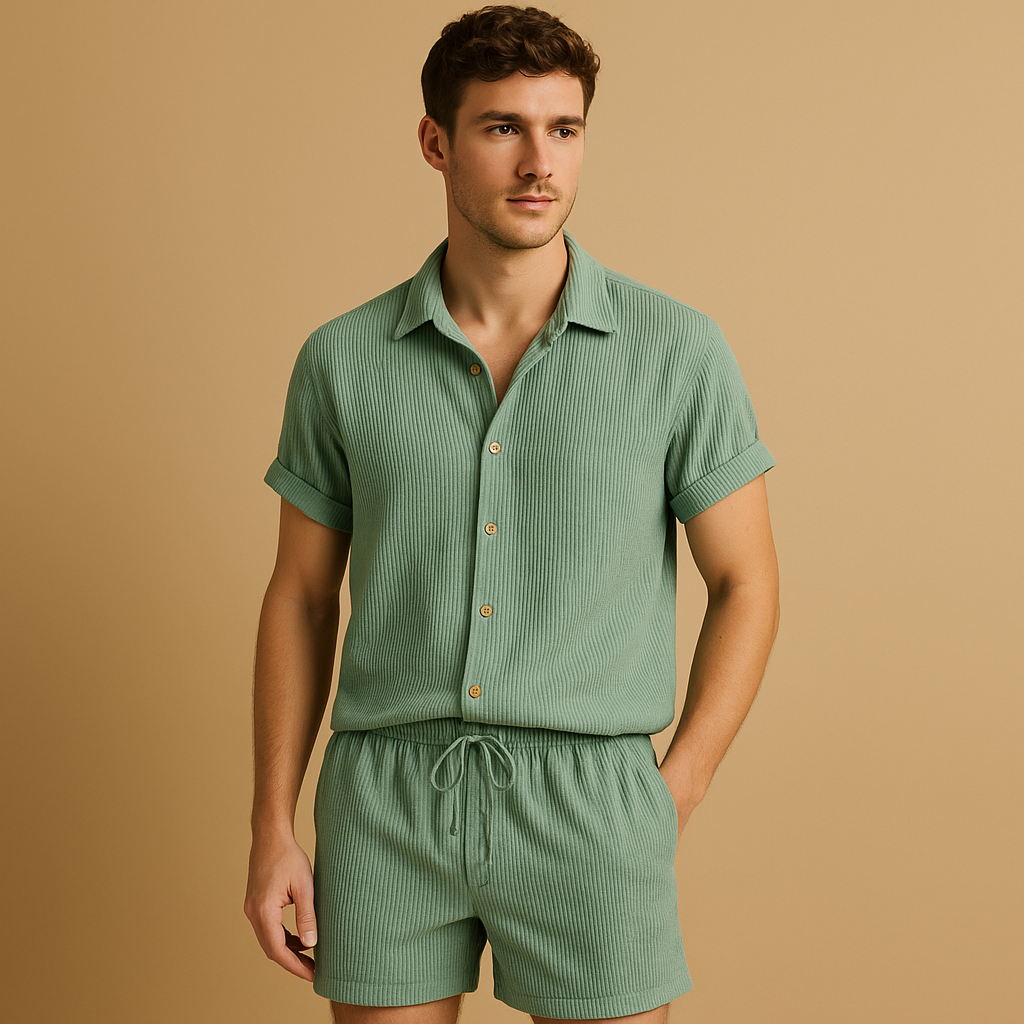 Men’s striped summer set with short-sleeve shirt and shorts, perfect for casual outings, beach days, and summer adventures.