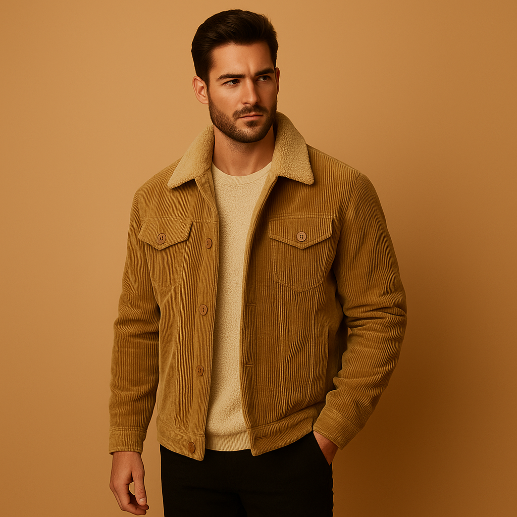 Men’s corduroy jacket in khaki, featuring a modern fit and timeless design, ideal for casual and formal occasions.