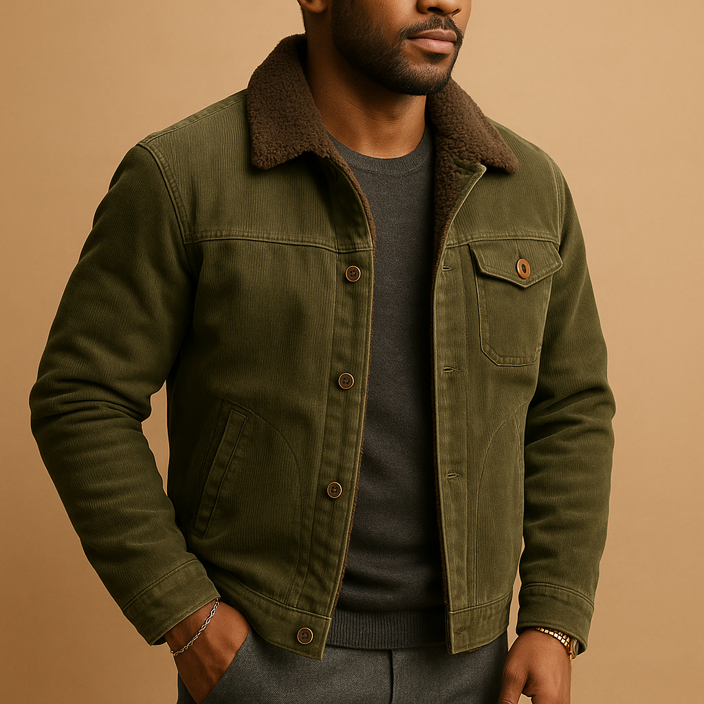 Men’s corduroy jacket in khaki, featuring a modern fit and timeless design—ideal for casual and formal occasions.