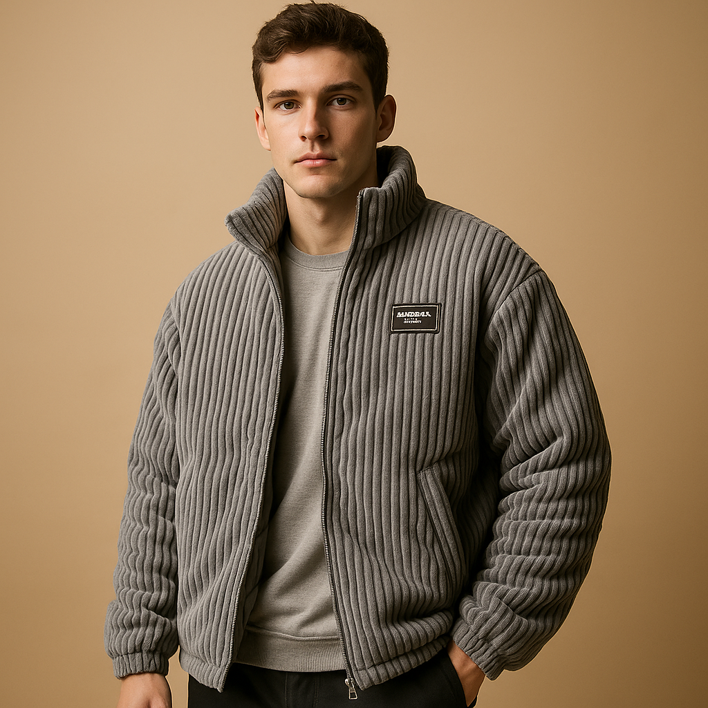 Men’s corduroy jacket with soft multi-layer texture and warm cotton lining, perfect for casual wear and cold autumn or winter days.