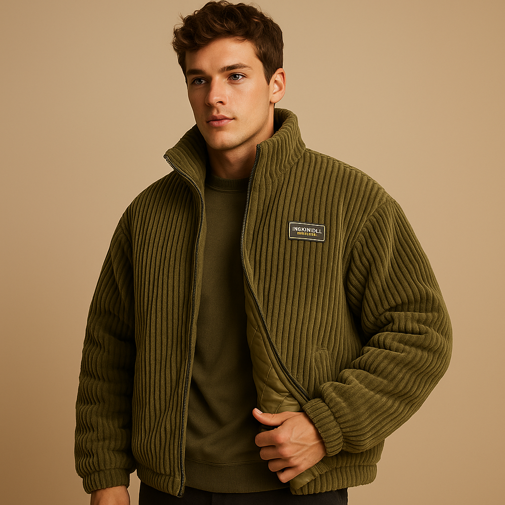 Men’s corduroy jacket with soft multi-layer texture and warm cotton lining, perfect for casual wear and cold autumn or winter days.